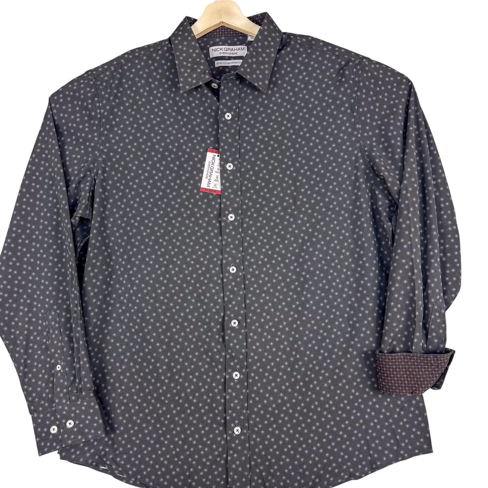 Nick Graham Shirt Mens XL Black‎ Geometric Long Sleeve Stretch Button Up Modern